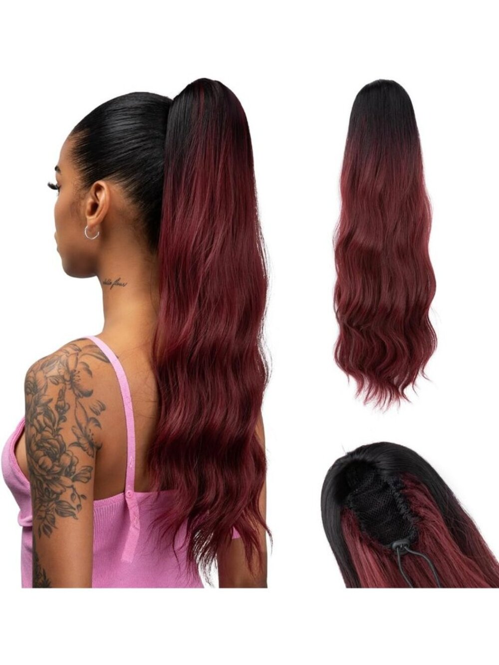 22" Body Wave Drawstring Ponytail Extension - Burgundy & Black Root, Synthetic